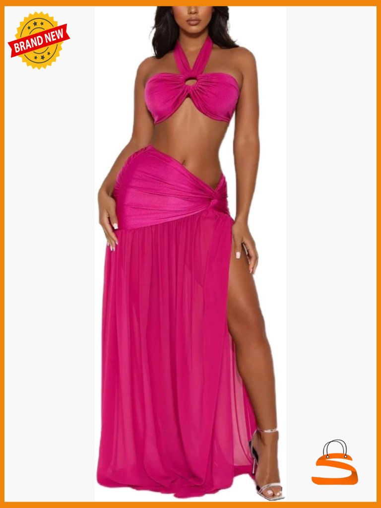 Sleeveless Cutout Halter Crop Top & High Split Skirt Mesh Maxi Set